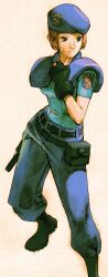 1girl arm_at_side armor belt bengus beret black_belt black_boots black_gloves blue_eyes blue_pants blue_shirt boots bracer breasts brown_hair buckle clenched_teeth clothes_writing combat_boots emblem finger_to_own_chin fingerless_gloves full_body game_cg gloves gun hand_up handgun hat highres holding holding_gun holding_weapon jill_valentine legs_apart looking_to_the_side loose_belt marvel_vs._capcom marvel_vs._capcom_2 medium_breasts multiple_belts non-web_source official_art pants parted_lips police police_uniform policewoman pouch resident_evil resident_evil_1 shirt short_hair short_sleeves shoulder_pads simple_background solo standing star_(symbol) sweatdrop teeth traditional_media trigger_discipline weapon