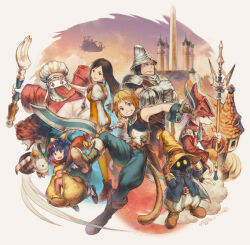 1other 4boys adelbert_steiner armor black_hair blonde_hair blue_eyes blue_hair bodysuit bow breasts brown_eyes choker closed_mouth cotelier eiko_carol final_fantasy final_fantasy_ix freija_crescent full_body garnet_til_alexandros_xvii gloves green_eyes hair_bow hat horns jewelry long_hair looking_at_viewer low-tied_long_hair medium_breasts moogle multiple_boys multiple_girls necklace open_mouth orange_bodysuit quina_quen ribbon salamander_coral short_hair single_horn smile sword tail vivi_ornitier weapon wings yellow_bow zidane_tribal