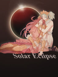 2girls armor arms_around_neck azeyma bare_shoulders black_footwear blue_hair blue_sash bracelet brown_background chinese_commentary circlet closed_eyes collar commentary_request diadem dress eclipse english_text expressionless facing_viewer feather_trim feet_out_of_frame final_fantasy final_fantasy_xiv greaves highres hug incest jewelry kneeling long_hair menphina metal_collar multiple_girls red_hair sandals sash short_hair short_twintails siblings sisters sitting sleeveless sleeveless_dress smile solar_eclipse toga twintails vambraces white_dress wo_dou_gao_shi&#039;er_shennu yokozuwari