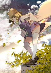 Rule 34 | 1girl, absurdres, animal print, blonde hair, brown hat, brown shoes, cloud, cloudy sky, frog print, hand on own hip, hat, highres, leaning forward, looking at viewer, moriya suwako, outdoors, purple skirt, purple vest, shirt, shoes, skirt, sky, solo, standing, thighhighs, touhou, usuusu, vest, white shirt, white thighhighs, wide sleeves