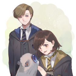1boy 1girl black_hair black_robe blonde_hair blue_eyes blue_necktie blush brown_eyes closed_mouth commentary_request creature highres hogwarts_legacy hogwarts_school_uniform hood hood_down hooded_robe hufflepuff jikkentai_(zol8529) looking_at_another mooncalf necktie open_mouth poppy_sweeting protagonist_(hogwarts_legacy) ravenclaw robe school_uniform shirt short_hair simple_background swept_bangs white_shirt wizarding_world yellow_necktie