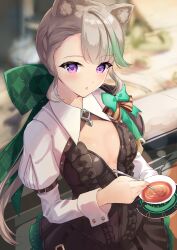 Rule 34 | 1girl, absurdres, animal ear fluff, animal ears, asymmetrical bangs, black dress, blurry, blurry background, bow, breasts, cat ears, cleavage, cup, dress, genshin impact, gradient hair, green bow, green hair, grey hair, highres, holding, holding spoon, long hair, long sleeves, lynette (genshin impact), multicolored hair, ponytail, purple eyes, sazanka, short dress, small breasts, solo, spoon, teacup, very long hair