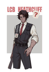 Rule 34 | 1boy, ?, baseball bat, belt, black pants, black vest, brown hair, character name, collared shirt, dark-skinned male, dark skin, heathcliff (project moon), highres, holding, holding baseball bat, killerohan, limbus company, long sleeves, looking at viewer, male focus, necktie, pants, project moon, purple eyes, red necktie, scar, shirt, short hair, simple background, solo, standing, upper body, vest, white background, white shirt