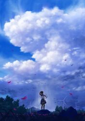 1girl absurdres au_ito black_thighhighs blue_sailor_collar blue_skirt blue_sky blurry blurry_foreground brown_hair cloud cloudy_sky commentary_request cropped_shirt day depth_of_field falling_petals floating_hair flower forest from_behind grass highres hill holding holding_flower long_hair nature original outdoors petals pink_flower pleated_skirt ponytail rain rock sailor_collar scenery shirt short_sleeves skirt sky sky_focus standing thighhighs very_long_hair white_shirt wind windmill zettai_ryouiki