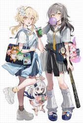 3girls ajaw_(genshin_impact) alternate_costume aranara_(genshin_impact) bag baron_bunny_(genshin_impact) baseball_bat black_skirt blonde_hair blowing_bubble_gum boo_tao_(genshin_impact) character_charm charm_(object) chewing_gum clockie_(honkai:_star_rail) collared_shirt crocs cup disposable_cup drinking_straw flower full_body genshin_impact grey_hair guoba_(genshin_impact) hair_flower hair_ornament hand_on_own_hip highres holding holding_baseball_bat holding_cup honkai:_star_rail honkai_(series) kawachi_rin looking_at_viewer loose_socks lordly_trashcan_(honkai:_star_rail) lumine_(genshin_impact) mem_(honkai:_star_rail) multiple_girls necktie open_mouth origami_bird_(honkai:_star_rail) paimon_(genshin_impact) sailor_collar school_bag school_uniform shirt shirt_tucked_in shoes short_hair_with_long_locks short_sleeves simple_background skirt smile socks standing standing_on_one_leg stelle_(honkai:_star_rail) trailblazer_(honkai:_star_rail) white_flower white_sailor_collar white_shirt white_shoes white_socks yellow_eyes yellow_necktie yellow_socks