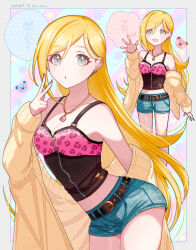 1girl animal_print asymmetrical_bangs bare_shoulders belt blonde_hair blue_eyes blush breasts cardigan cleavage collarbone commentary_request cowboy_shot denim denim_shorts fujimoto_rina ich. idolmaster idolmaster_cinderella_girls jewelry leopard_print long_hair looking_at_viewer midriff multiple_views necklace open_cardigan open_clothes patterned_background pink_nails shirt short_shorts shorts sleeveless sleeveless_shirt small_breasts solo speech_bubble straight_hair thighs v yellow_cardigan