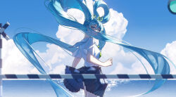 1girl absurdres blue_eyes blue_hair blue_skirt blue_sky cloud floating_hair green_ribbon hair_between_eyes hair_ribbon hatsune_miku highres kirina_zero long_hair looking_at_viewer neckerchief outdoors pleated_skirt railroad_crossing ribbon sailor_collar school_uniform serafuku shirt shirt_tucked_in short_sleeves shoujo_rei_(vocaloid) skirt sky solo vocaloid white_sailor_collar white_shirt