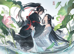2boys ahoge bishounen black_hair black_hanfu chinese_clothes eye_contact floating_hair flower hair_ribbon hand_on_another&#039;s_shoulder hanfu headband high_ponytail lan_wangji leaf lily_pad long_hair long_sleeves looking_at_another lotus male_focus modao_zushi multiple_boys open_mouth partially_submerged pink_flower ponytail profile red_eyes red_ribbon ribbon robe sash sidelocks smile standing topknot twitter_username usagishi very_long_hair wading water watermark wei_wuxian wet wet_clothes white_hanfu white_headband wide_sleeves xiao_guan_(headdress) yaoi yellow_eyes