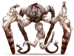 breasts cleavage cleaver extra_arms extra_mouth holding holding_weapon horror_(theme) kankan33333 looking_at_viewer monster nurse original pocket_watch simple_background stitched_hand straitjacket tentacles watch weapon white_background