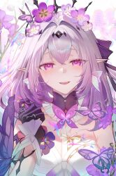 Rule 34 | 1girl, black tiara, bright pupils, bug, butterfly, castorice (honkai: star rail), dress, flower, gloves, hand up, highres, honkai: star rail, honkai (series), insect, long hair, looking at viewer, parted lips, pointy ears, purple butterfly, purple eyes, purple flower, purple gloves, purple hair, signature, smile, solo, teeth, tiara, ttorong, upper teeth only, white dress, white pupils