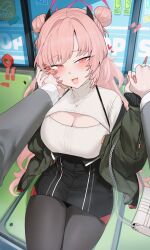1girl 1other absurdres bag black_pantyhose black_skirt blue_archive blush breasts cleavage double_bun fake_horns fang fingernails green_jacket hair_bun halo heart highres horns jacket jin_rou kirara_(blue_archive) large_breasts long_fingernails long_hair long_sleeves nail_polish open_clothes open_jacket open_mouth pantyhose pink_eyes pink_hair pink_halo pink_nails shirt skirt smile solo_focus white_shirt