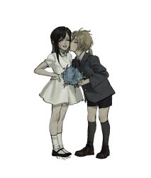 1boy 1girl aged_down black_hair black_shoes black_shorts blonde_hair blue_flower blue_jacket bouquet child closed_eyes cloud_strife collared_shirt dress facing_another final_fantasy final_fantasy_vii final_fantasy_vii_remake flower full_body hand_on_own_hip highres holding holding_bouquet holding_flower jacket kiss kissing_cheek lockh4rtsslvt long_hair long_sleeves looking_at_viewer low_ponytail necktie one_eye_closed parted_lips ponytail red_necktie shirt shoes short_sleeves shorts socks standing tifa_lockhart white_background white_dress white_shirt white_socks