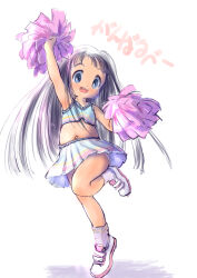 1girl armpits arms_up bad_tag black_hair blue_eyes cheerleader female_focus full_body guma highres leg_up legs loli long_hair looking_at_viewer midriff miniskirt navel open_mouth original panties panty_peek pleated_skirt pom_pom_(cheerleading) bad_tag shirt shoes simple_background skirt sleeveless sleeveless_shirt smile socks solo standing standing_on_one_leg thighs underwear white_panties white_shirt white_shoes white_skirt white_socks