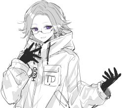 1boy aotsuki_eito black_gloves drawstring glasses gloves long_sleeves male_focus parted_hair purple_eyes smile solo solo_focus the_hundred_line_-last_defense_academy- upper_body white_hair zipper_pull_tab