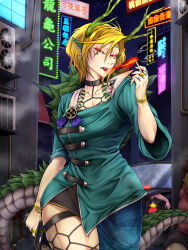 1boy 3girls aircraft alley antlers black_hair blonde_hair blood blue_shirt blue_skirt breasts breath_weapon breathing_fire car chain cigarette coin commentary_request corpse cowboy_shot earrings eyeshadow fire green_horns gun handgun highres holding holding_cigarette holding_gun holding_weapon holed_coin horns jewelry kicchou_yachie looking_at_viewer makeup medium_breasts motor_vehicle multiple_girls murder neon_lights night open_mouth outdoors pointy_ears red_eyes red_eyeshadow ryuuichi_(f_dragon) shirt short_hair shoulder_tattoo skirt sky star_(sky) starry_sky tattoo thigh_strap touhou weapon