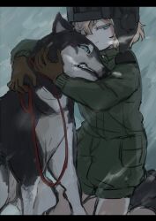 1girl animal animal_hug black_fur blonde_hair blue_eyes brown_gloves chikiso collar dog girls_und_panzer gloves hair_over_one_eye helmet highres hug husky katyusha_(girls_und_panzer) kneeling leash letterboxed military military_uniform sharp_teeth short_hair smile teeth