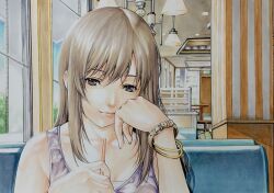 1girl black_eyes bracelet brown_hair closed_mouth collarbone commentary_request drinking_straw head_rest indoors jewelry katsu_(24791909) long_hair looking_at_viewer marker_(medium) purple_tank_top sidelocks solo suga_natsumi tank_top tenki_no_ko traditional_media window