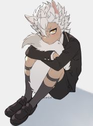 1boy aged_down animal_ears between_legs black_footwear black_socks blush brown_jacket brown_shorts closed_mouth collared_jacket dark-skinned_male dark_skin full_body grey_background hair_over_one_eye highres holding_tail jack_howl jacket long_sleeves male_focus shadow short_hair shorts simple_background sitting slit_pupils socks solo suit_jacket tail tail_between_legs taufu_(gnb0102) twisted_wonderland white_hair white_tail wolf_boy wolf_ears wolf_tail yellow_eyes