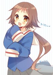 Rule 34 | 1girl, :d, artist name, blue shirt, blush, brown eyes, brown hair, commentary request, cowboy shot, fang, hands up, heart, long hair, long sleeves, looking at viewer, mikakunin de shinkoukei, mitsumine mashiro, open mouth, pleated skirt, ponytail, sailor collar, school uniform, serafuku, shirt, skin fang, skirt, sleeves past fingers, sleeves past wrists, smile, solo, striped background, suimya, translated, vertical stripes