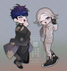 2boys :d ;d aotsuki_eito belt_buckle belt_collar black_gloves black_hair black_hakama black_kimono black_shoes blue_eyes blue_hair blush bowl_cut buckle chromatic_aberration collar drawstring earrings eyepatch face_piercing fang full_body glasses gloves gradient_background green_background grey_background grey_hair grid_background hakama hakama_pants hand_up heart heart_print highres index_finger_raised jacket japanese_clothes jewelry kimono leg_up long_sleeves looking_at_viewer male_focus mito_(commando_seagal) multicolored_hair multiple_boys omokage_yugamu one_eye_closed open_mouth pants piercing red_background round_eyewear semi-rimless_eyewear shoes short_hair simple_background skin_fang smile standing the_hundred_line_-last_defense_academy- two-tone_hair under-rim_eyewear undercut watermark white_jacket white_pants