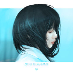 1girl artist_name black_hair blouse blue_background closed_eyes closed_mouth lips looking_to_the_side nose original pale_skin pixie_cut profile realistic shirt short_hair simple_background solo standing white_shirt wookyung