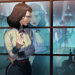 1girl bioshock bioshock_(series) bioshock_infinite black_hair black_skirt blue_eyes cigarette elizabeth_(bioshock_infinite) highres holding holding_cigarette imam_(oozlo) jewelry pendant red_ribbon ribbon shirt skirt white_shirt