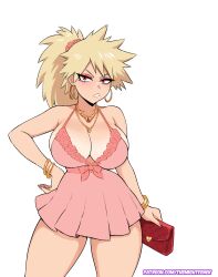 1girl bag bakugou_katsuki blonde_hair boku_no_hero_academia breasts cleavage dress eyeshadow genderswap genderswap_(mtf) gold handbag highres jewelry large_breasts makeup necklace pink_dress ponytail red_eyes red_eyeshadow simple_background solo spiked_hair themightfenek thighs transformation white_background