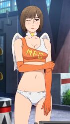 Rule 34 | 1girl, absurdres, angel wings, anime screenshot, ass, bikini, bob cut, breasts, cleavage, collar, crop top, elbow gloves, gloves, highres, kurihara kyoko, looking at viewer, makeup, medium breasts, mf ghost, one eye closed, panties, race queen, screencap, short hair, solo, standing, stitched, swimsuit, third-party edit, underwear, white panties, wings, wink