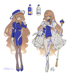1girl absurdres blue_dress blue_hat blue_shoes boots breasts brown_pantyhose cleavage commentary_request crown detached_collar dress drill_hair full_body hand_up hat highres holding holding_scepter juliet_sleeves kochakaden long_sleeves medium_breasts milk_tea multiple_views original pantyhose personification plastic_bottle puffy_sleeves queen scepter shoes sokura_(mochichitose) standing tea thigh_boots translation_request white_boots white_dress
