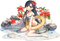 1girl :d ark_order bare_legs bikini black_hair blue_bikini blue_eyes breasts chang&#039;e_(ark_orer) cleavage faux_figurine flower frilled_innertube frilled_thigh_strap front-tie_bikini_top front-tie_top full_body hair_flower hair_ornament hair_tassel hibiscus innertube jewelry leaf long_hair looking_at_viewer medium_breasts necklace official_art open_mouth partially_submerged red_flower shell shell_necklace side-tie_bikini_bottom sitting smile solo stone stuffed_animal stuffed_rabbit stuffed_toy swim_ring swimsuit tassel tassel_hair_ornament thigh_scrunchie thigh_strap transparent_background very_long_hair wariza water yellow_innertube yue_yue