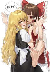 2girls absurdres ahoge anger_vein apron ascot averting_eyes back_bow barefoot black_skirt black_vest blonde_hair blunt_bangs blush bow braid brown_hair cicada_block_(meme) collared_shirt commentary_request detached_sleeves feet flying_sweatdrops frilled_bow frilled_hair_tubes frilled_skirt frills goback hair_bow hair_tubes hakurei_reimu highres kirisame_marisa long_hair long_sleeves meme multiple_girls no_headwear open_mouth puffy_short_sleeves puffy_sleeves red_bow red_eyes red_shirt red_skirt ribbon-trimmed_sleeves ribbon_trim shirt short_sleeves side_braid simple_background single_braid skirt sleeveless sleeveless_shirt sweat touhou translation_request very_long_hair vest white_apron white_background white_sleeves wide_sleeves yellow_ascot yellow_eyes