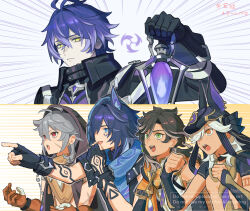 Rule 34 | 39 iduki, 5boys, :d, :o, ahoge, ancient egyptian clothes, animal ear fluff, animal ears, animal hat, antenna hair, arm tattoo, artist name, bat ears, black choker, black coat, black gloves, black hat, black shirt, blue eyes, blue hair, blue scarf, brown coat, brown gloves, brown hair, brown shirt, choker, clenched hands, closed mouth, coat, commentary request, crop top, crossed bangs, cyno (genshin impact), dark-skinned male, dark skin, earrings, emphasis lines, facial mark, facial scar, fake animal ears, fingerless gloves, flins (genshin impact), gaijin 4koma (meme), genshin impact, gloves, gold trim, green eyes, grey hair, hair between eyes, hair intakes, hair over one eye, hand tattoo, hand up, hands up, hat, highres, holding, holding lantern, hood, hood up, hooded coat, index finger raised, jackal ears, jewelry, lantern, long hair, looking at viewer, low ponytail, male focus, medium hair, meme, multicolored hair, multiple boys, necklace, open mouth, ororon (genshin impact), pale skin, pointing, ponytail, purple hair, razor (genshin impact), red eyes, scar, scar on cheek, scar on face, scarf, sethos (genshin impact), shirt, short sleeves, sleeveless, sleeveless shirt, smile, streaked hair, swept bangs, tattoo, teeth, upper body, upper teeth only, usekh collar, watermark, white background, white hair, white shirt, yellow eyes