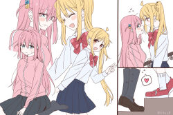2girls ahoge black_skirt black_socks blonde_hair blue_eyes blush bocchi_the_rock! bow bowtie brown_shoes closed_eyes closed_mouth collared_shirt commentary_request cube_hair_ornament flying_sweatdrops gotoh_hitori hair_ornament heart ijichi_nijika kneehighs loafers long_hair multiple_girls open_mouth pink_hair pleated_skirt red_bow red_bowtie red_eyes red_shoes shirt shoes side_ponytail simple_background skirt smile socks spoken_heart surufuji v white_background white_shirt yuri