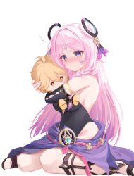 1girl 2nom_shiki absurdres aether_(genshin_impact) bare_shoulders black_leotard blue_eyes blue_gemstone blush braid breasts character_doll citlali_(genshin_impact) commentary cryo_symbol_(genshin_impact) doll facial_mark floating_headgear forehead_mark gem genshin_impact halo headgear highres holding holding_doll hugging_doll hugging_object leotard long_hair looking_at_viewer medium_breasts multicolored_hair pink_halo pink_pupils purple_hair purple_skirt simple_background sitting skirt solo triangle triangle_facial_mark twin_braids very_long_hair vision_(genshin_impact) white_background
