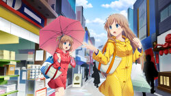 2girls :o absurdres bag blue_eyes blush breasts brown_hair closed_mouth hair_ornament hair_ribbon highres holding holding_umbrella long_hair madobe_ai madobe_yuu microsoft_windows multiple_girls night official_art official_wallpaper open_mouth os-tan people personification pink_umbrella rain raincoat red_raincoat ribbon road shopping_bag short_hair siblings side_ponytail sisters small_breasts storefront street umbrella windows_8 yellow_raincoat
