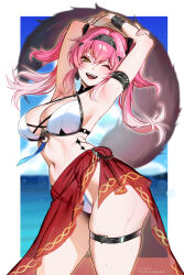 1girl absurdres alternate_costume armlet armpits arms_up artist_name bikini black_bow blue_sky blurry blurry_background border bow breasts cleavage commentary day earrings english_commentary hair_between_eyes hair_bow hair_ornament hairband halterneck highleg highleg_bikini highres jewelry large_breasts light_blush looking_at_viewer lupa_(wuthering_waves) metal_hairband multi-strapped_bikini_bottom multiple_hair_bows navel one_eye_closed open_mouth outdoors paid_reward_available pink_hair red_sarong sarong sky smile solo stomach swimsuit tacet_mark_(wuthering_waves) tail teeth thighlet thighs tofuubear upper_teeth_only wet white_bikini white_border wolf_tail wrist_guards wuthering_waves yellow_eyes