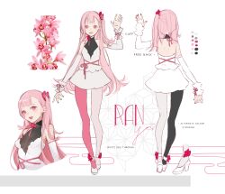 1girl :d black_leggings breasts detached_sleeves dress english_text flower frilled_cuffs grin hair_ribbon halterneck high_heels highres leggings lily_(flower) long_hair looking_at_viewer multicolored_nails multiple_views open_mouth original pink_eyes pink_flower pink_hair pink_leggings reference_sheet ribbon side_ponytail sleeveless sleeveless_dress smile two-tone_leggings very_long_hair waving white_background yoimon