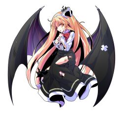 Rule 34 | 1girl, alphes (style), bat wings, black skirt, blonde hair, bow, bowtie, buttons, commentary request, dairi, defeat, dress shirt, frilled sleeves, frills, full body, hair between eyes, hairband, high-waist skirt, kurumi (touhou), large variant set, long hair, long skirt, long sleeves, parody, purple wings, red bow, red bowtie, ribbon, shirt, skirt, solo, style parody, suspenders, tachi-e, torn clothes, touhou, touhou (pc-98), transparent background, variant set, very long hair, white hairband, white ribbon, white shirt, wings