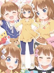 1girl ahoge arms_up black_jacket blue_dress blue_eyes blue_pants brown_hair butter capri_pants clenched_teeth closed_eyes commentary_request dress floral_print_dress flower food grey_ribbon hair_flower hair_ornament hands_on_own_hips highres hood hood_down hooded_jacket idolmaster idolmaster_million_live! jacket long_sleeves looking_at_viewer low_twintails maple_syrup medium_hair multiple_views neck_ribbon open_mouth pancake pancake_stack pants print_dress private_dress_(idolmaster_million_live!) ribbon shoes smile sneakers socks stuffed_animal stuffed_toy suou_momoko teddy_bear teeth toma_(shinozaki) twintails v-shaped_eyebrows white_flower white_socks yellow_dress yellow_shoes