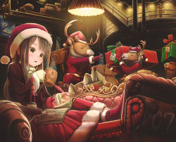 1girl aiuabo animal black_hair boots box christmas clothed_animal couch cup dress fingerless_gloves fur-trimmed_dress fur_trim gift gift_box gloves hat holding holding_box indoors inkwell long_hair long_sleeves map mug nail_polish open_mouth original quill red_dress red_footwear reindeer sack santa_claus santa_hat sitting sleigh sweatdrop white_gloves yellow_eyes