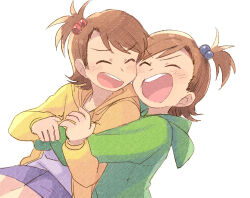 2girls blush brown_hair closed_eyes futami_ami futami_mami green_jacket hair_bobbles hair_ornament highres hood hood_down hooded_jacket hug hug_from_behind idolmaster idolmaster_(classic) idolmaster_1 jacket multiple_girls open_clothes open_jacket open_mouth short_hair siblings side_ponytail simple_background sisters smile teeth tsubobot twins upper_teeth_only white_background yellow_jacket