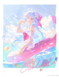 1girl absurdres bare_shoulders carlotta_(splashing_summer)_(wuthering_waves) carlotta_(wuthering_waves) casual_one-piece_swimsuit character_name cloud floating_hair flower grey_hair hair_flower hair_ornament highres koujuan long_hair looking_at_viewer official_alternate_costume one-piece_swimsuit parted_lips pink_one-piece_swimsuit sky solo standing swim_ring swimsuit water white_flower wuthering_waves