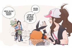 Rule 34 | 1boy, 2girls, :d, :o, ^ ^, ahoge, arm up, baseball cap, bianca (pokemon), bicycle, bicycle basket, black pants, black vest, blonde hair, blue jacket, blue shoes, brown hair, cheren (pokemon), closed eyes, commentary, cottonee, creatures (company), english commentary, english text, faceless, faceless male, fence, game freak, gen 5 pokemon, glasses, green hat, hat, hilda (pokemon), holding, jacket, miiyokoe, multiple girls, nintendo, open clothes, open mouth, open vest, orange vest, pants, pokemon, pokemon (creature), pokemon bw, shirt, shoes, short hair, sidelocks, sleeveless, sleeveless shirt, smile, speech bubble, tepig, vest, white hat, white shirt