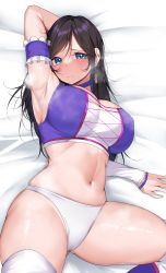 1girl absurdres arm_behind_head arm_garter armpits bed_sheet black_hair blue_choker blue_eyes blush breasts cameltoe choker closed_mouth commission dead_or_alive gluteal_fold hair_between_eyes highres kokoro_(doa) kshimu large_breasts long_hair looking_at_viewer skeb_commission solo steaming_body thick_thighs thighhighs thighs white_thighhighs