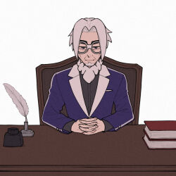 1boy batabiru book chair clavell_(pokemon) closed_mouth commentary_request creatures_(company) desk facial_hair game_freak glasses goatee grey_eyes half-closed_eyes inkwell interlocked_fingers jacket long_sleeves looking_at_viewer male_focus nintendo own_hands_together pokemon pokemon_sv purple_jacket quill shirt short_hair smile solo white-framed_eyewear white_background white_hair wrinkled_skin