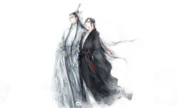 Rule 34 | 2boys, black hair, black hanfu, chinese clothes, closed mouth, dizi, faux traditional media, flute, flute tassel, grey eyes, hair down, hair ribbon, half updo, hanfu, headband, height difference, highres, holding, holding flute, holding instrument, ink wash painting, instrument, kcllzas163, lan wangji, long hair, long sleeves, looking to the side, male focus, modao zushi, multiple boys, official alternate hairstyle, red ribbon, ribbon, ribboned xiao guan, robe, simple background, smile, standing, tassel, third-party source, topknot, transverse flute, watermark, wei wuxian, wei wuxian (yiling laozu), weibo watermark, white background, white hanfu, white headband, wide sleeves, xiao guan (headdress), yaoi