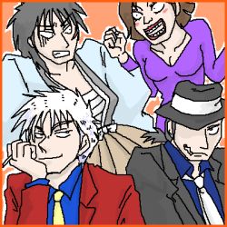 1girl 3boys akagi akagi:_yami_ni_oritatta_tensai akagi_shigeru arsene_lupin_iii arsene_lupin_iii_(cosplay) black_jacket cosplay crossover fukumoto_mahjong ishikawa_goemon_xiii ishikawa_goemon_xiii_(cosplay) itou_kaiji jacket jigen_daisuke jigen_daisuke_(cosplay) kaiji lowres lupin_iii mine_fujiko mine_fujiko_(cosplay) multiple_boys necktie oekaki parody red_jacket white_necktie yellow_necktie