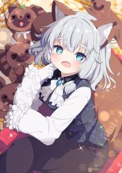 &gt;_&lt; +_+ 1girl :d absurdres animal animal_ear_fluff animal_ears ascot black_pants black_skirt blue_eyes blue_vest blurry blurry_background blush bow breasts brooch chair collared_shirt commission crossed_legs depth_of_field fangs frilled_sleeves frills gloves grey_hair highres jewelry long_sleeves looking_at_viewer medium_breasts on_chair open_mouth original pants piercing puffy_long_sleeves puffy_sleeves raccoon_ears raccoon_tail shiro9jira shirt short_eyebrows sitting skeb_commission skirt sleeves_past_wrists smile solo sparkle squirrel_ears squirrel_girl squirrel_tail tail tanuki thick_eyebrows vest virtual_youtuber white_ascot white_bow white_gloves white_shirt