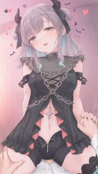 Rule 34 | 1boy, 1girl, :d, babydoll, bat (animal), black armlet, black babydoll, black nails, black ribbon, black shorts, black thighhighs, blue hair, blush, breasts, chain, colored inner hair, demon horns, gameso, hair ribbon, hair rings, heart, hetero, highres, holding hands, horns, idolmaster, idolmaster shiny colors, lace, lace-trimmed thighhighs, lace trim, medium breasts, medium hair, multicolored hair, nail polish, navel, open fly, open mouth, partially unzipped, pov, purple background, purple eyes, purple hair, ribbon, shorts, sidelocks, signature, smile, straddling, studded armlet, thigh grab, thighhighs, yukoku kiriko