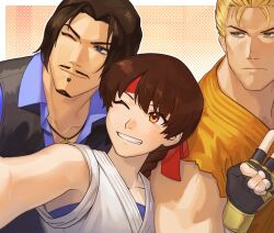 Rule 34 | 00a3af 231, 1girl, asagi, blonde hair, blue eyes, brown eyes, brown hair, dougi, gloves, green eyes, hairband, highres, karate gi, long hair, one eye closed, pale skin, robert garcia, ryou sakazaki, sakazaki ryo, short hair, smile, the king of fighters, yuri sakazaki